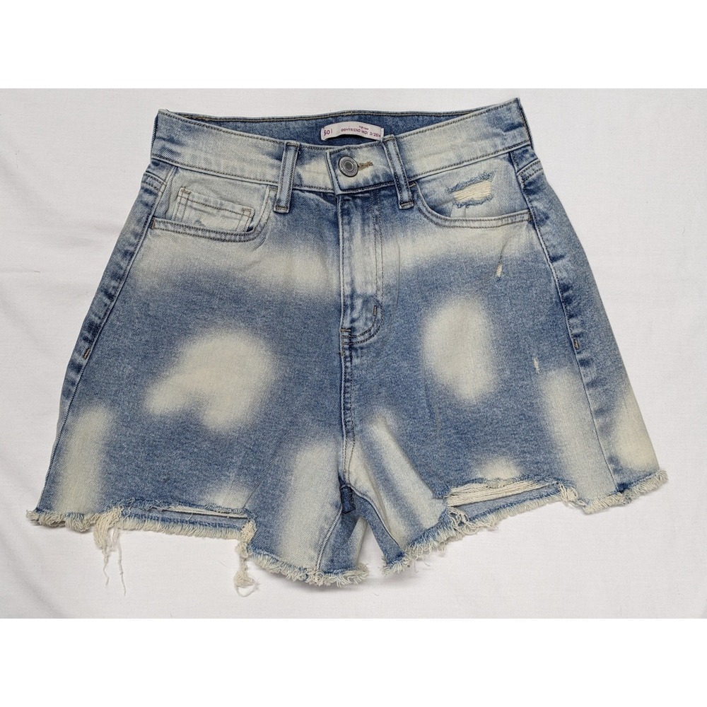SO‎ High Rise Boyfriend Midi Denim Shorts Distressed Frayed Hem Blue 3 26W